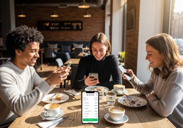 Friends splitting the bill on their phones