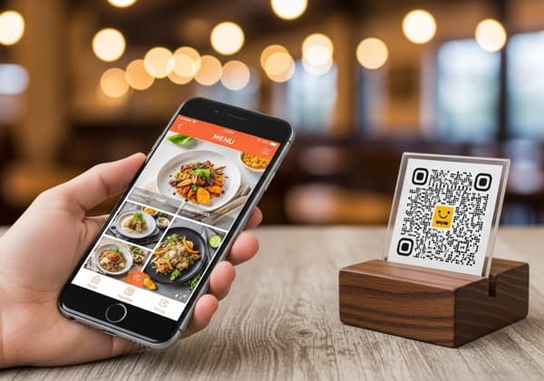 Person scanning QR code at restaurant table